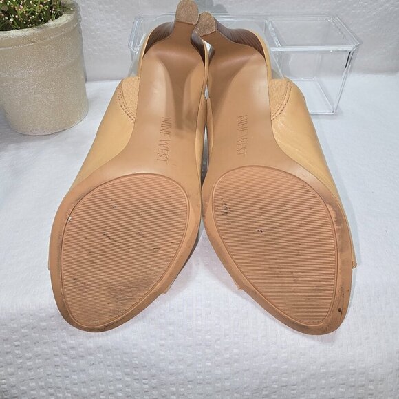 NINE WEST WOMENS PEEP TOE HEEL CAMEL COLOR LEATHER SIZE 7.5 EXCELLENT CONDITION - Picture 8 of 9